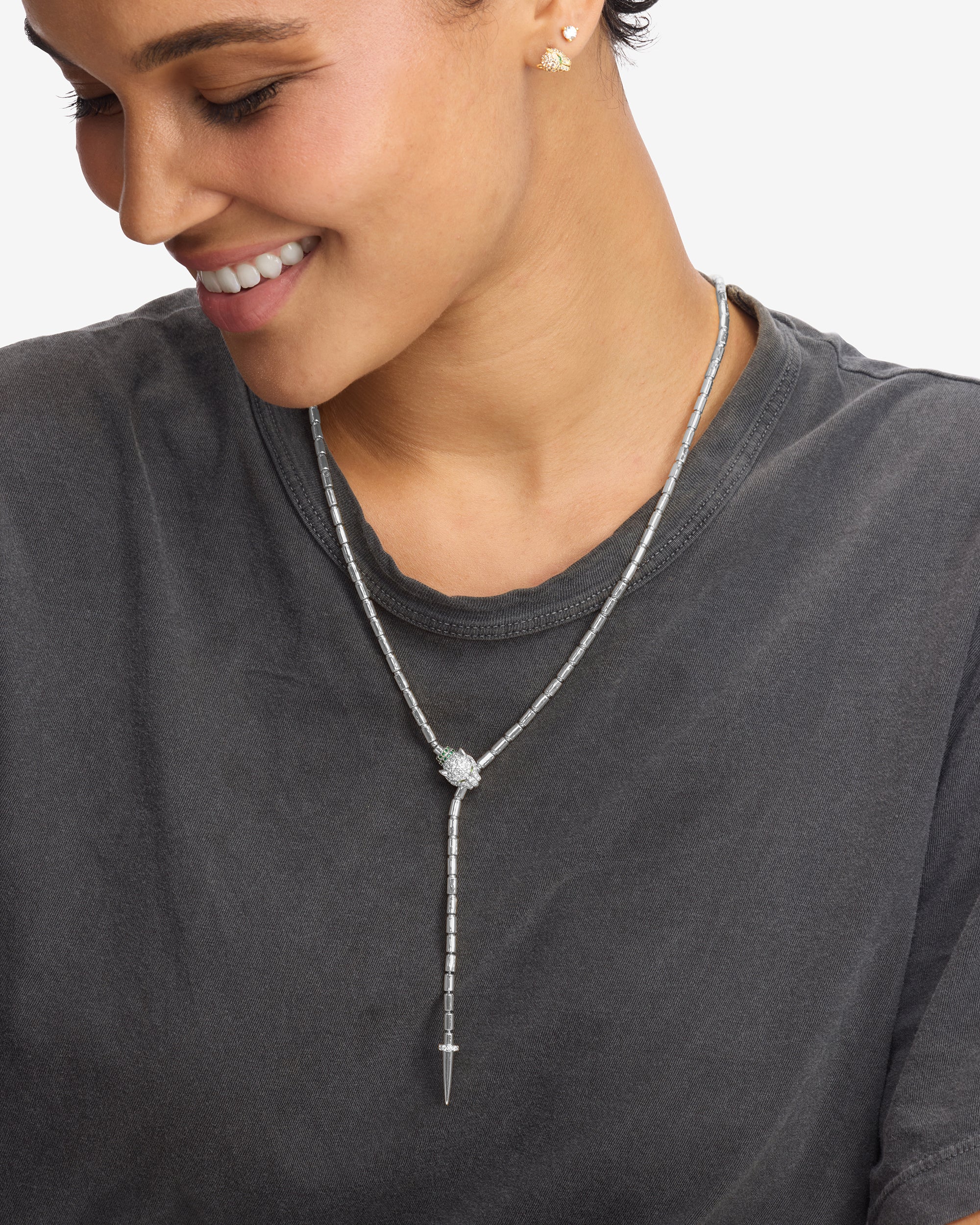 Jaguar Bolo Lariat Necklace - Silver|White Diamondettes