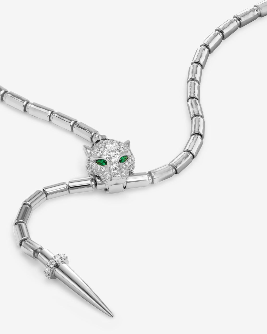 Jaguar Bolo Lariat Necklace - Silver|White Diamondettes
