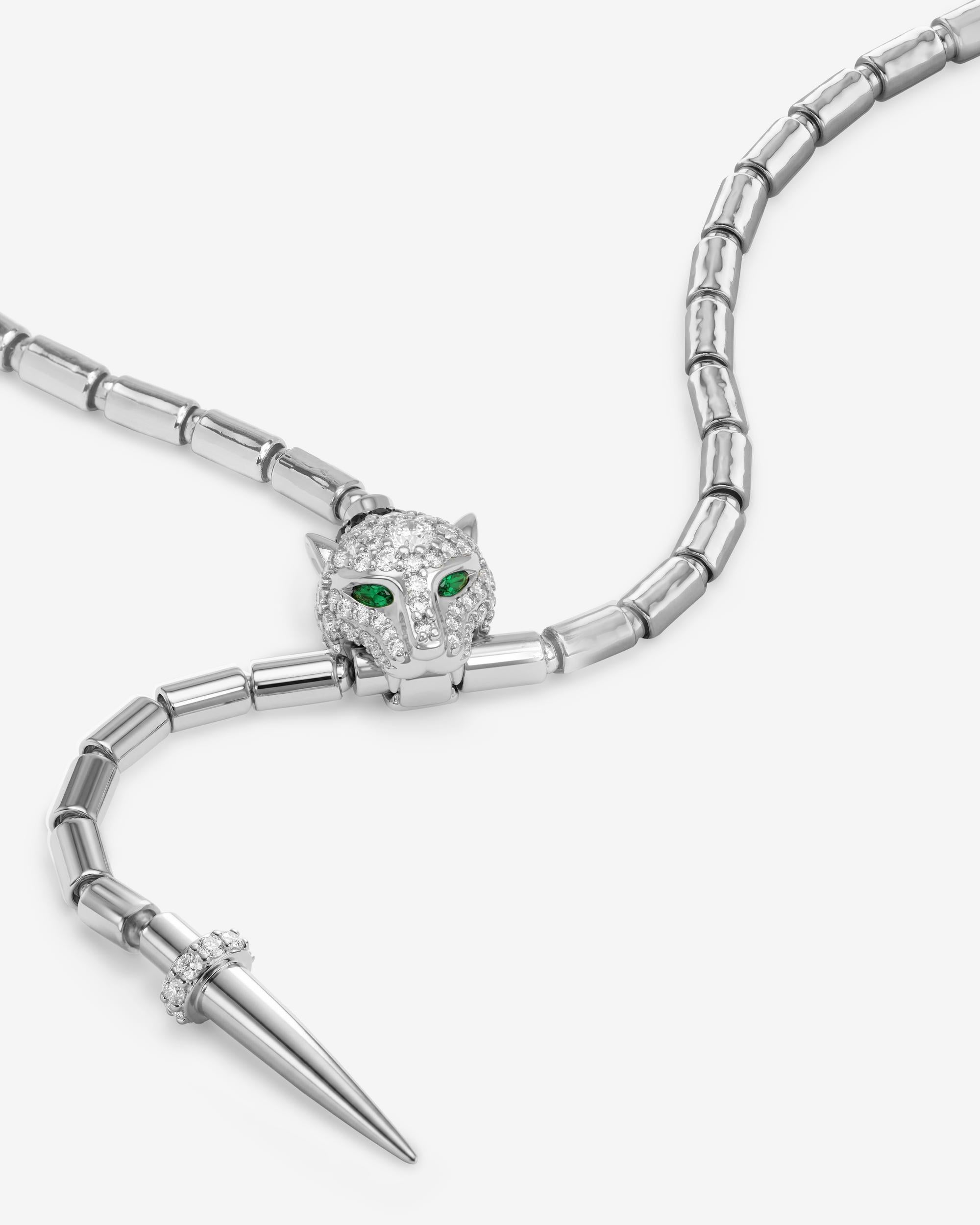 Jaguar Bolo Lariat Necklace - Silver|White Diamondettes