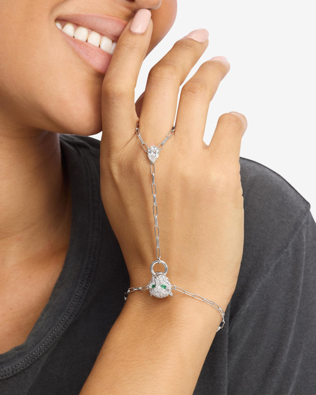 Jaguar Hand Chain - Silver|White Diamondettes