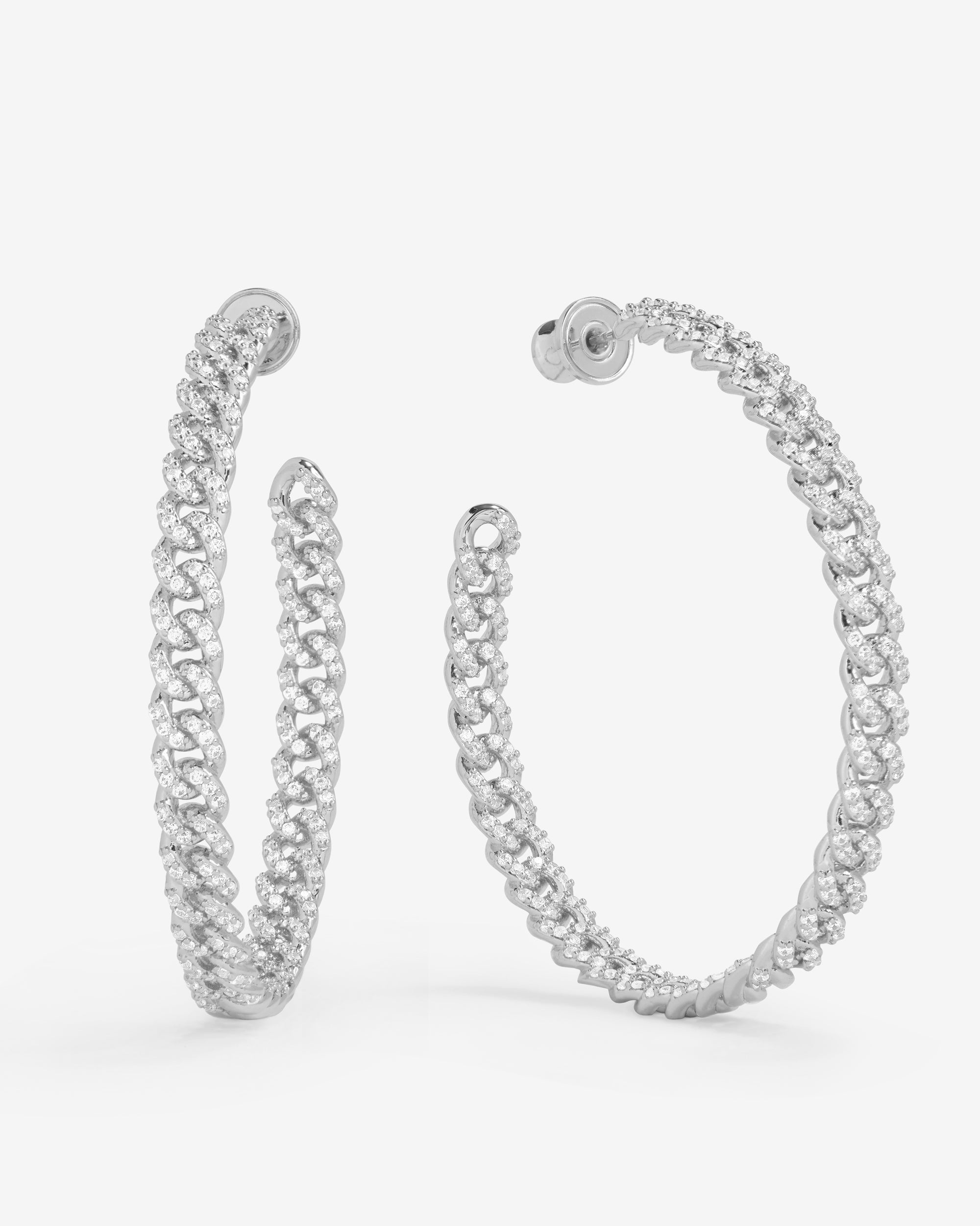 Pavé Julian Chain Hoops 2" - Silver|White Diamondettes