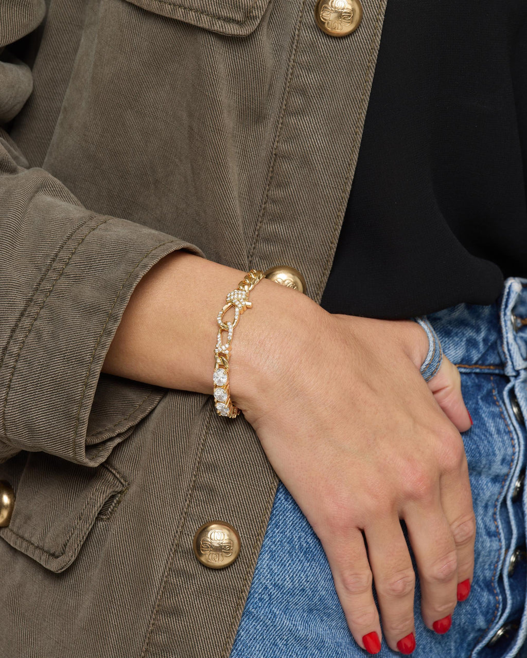 Knot Diamonds Figaro Chain Bracelet - Gold|White Diamondettes