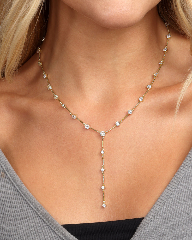 Lavish Lariat Necklace - Gold|White Diamondettes
