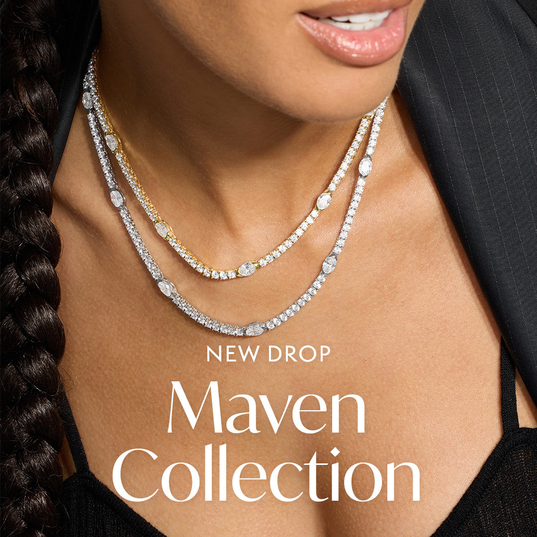 Woman wearing a silver necklace with 'New Drop Maven Collection' text overlay