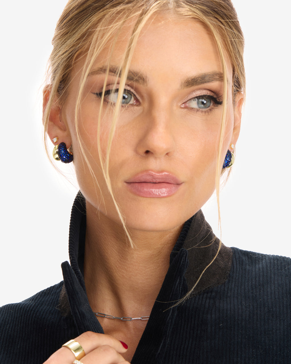 Norah Pavé Double Hoop - Gold|Blue Sapphire