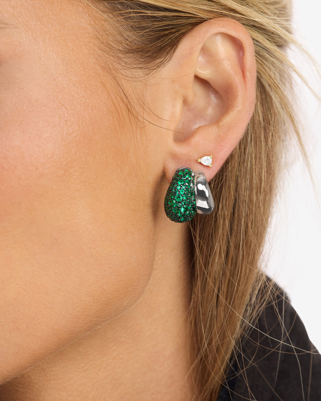 Norah Pavé Double Hoop - Silver|Emerald