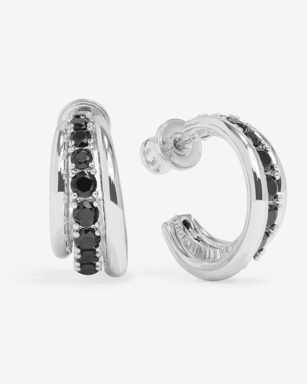 "Oh She Fancy" Smooth & Diamond Hoops - Silver|Black Diamondettes
