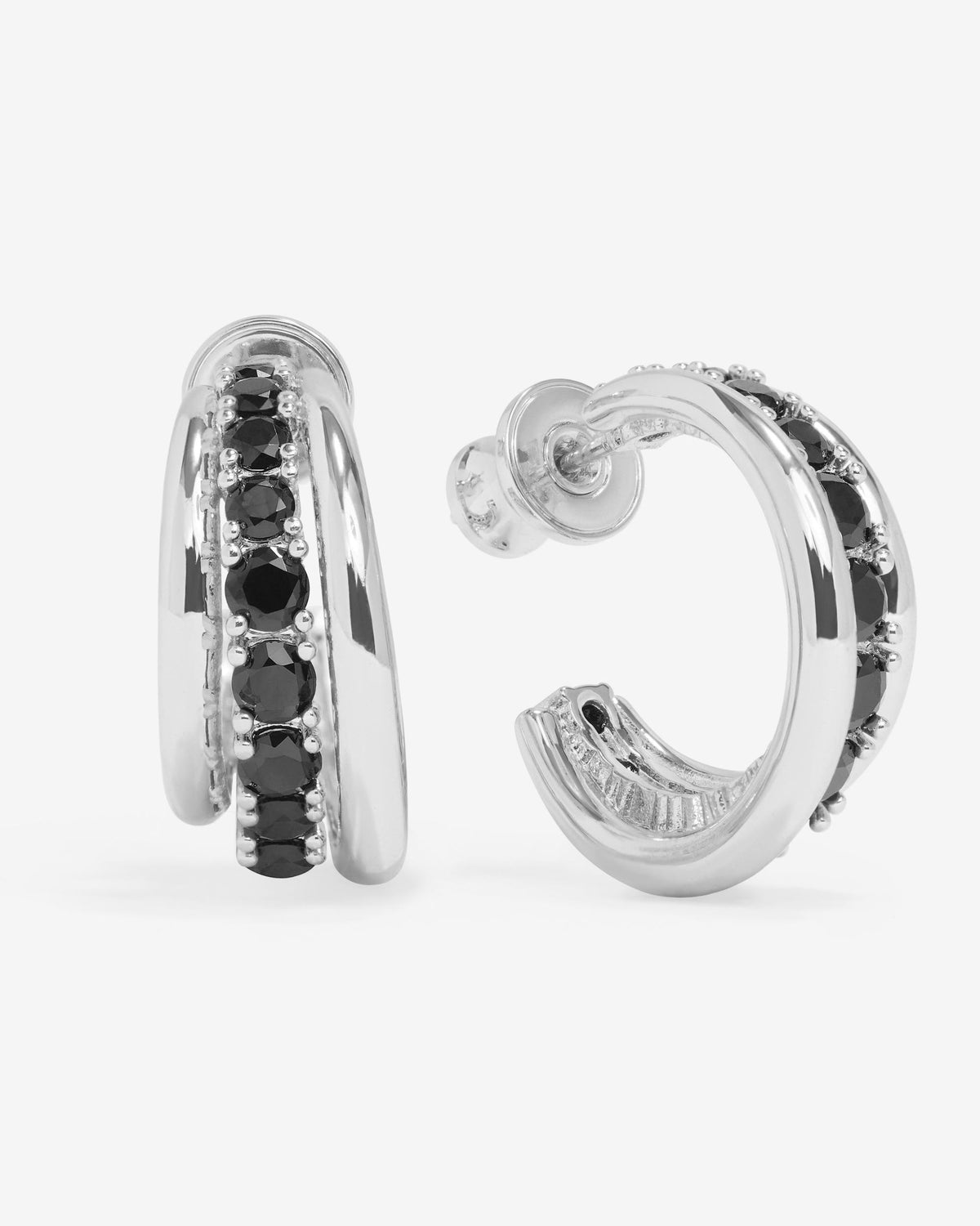 "Oh She Fancy" Smooth & Diamond Hoops - Silver|Black Diamondettes