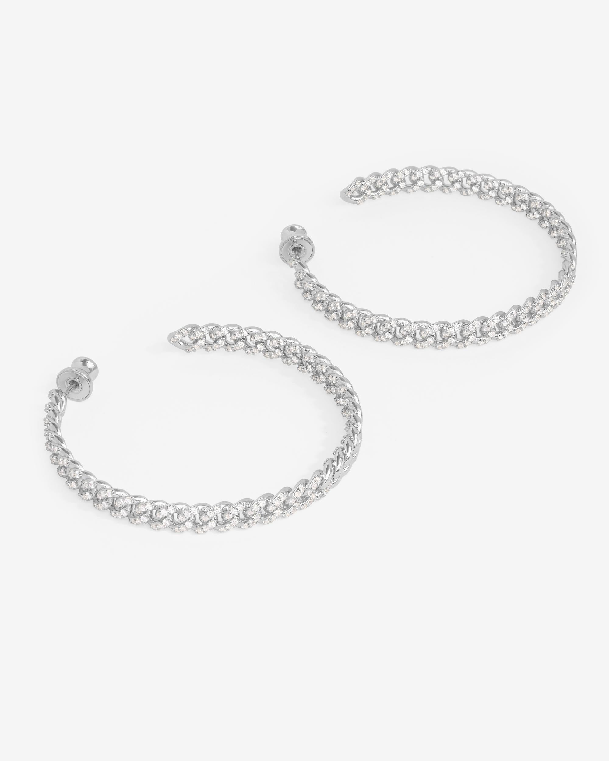 Pavé Julian Chain Hoops 2" - Silver|White Diamondettes