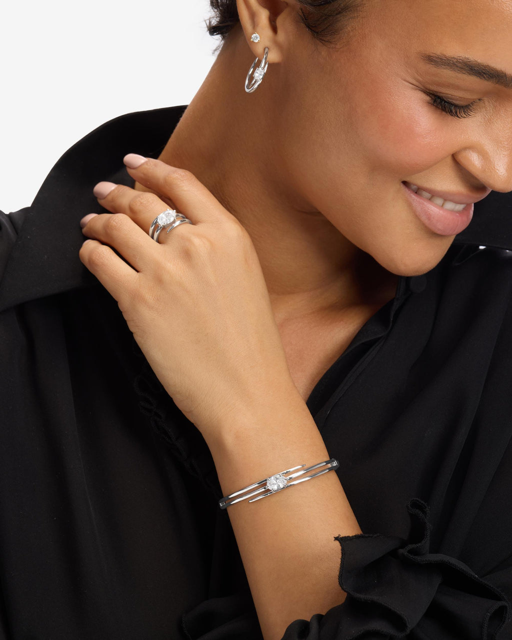 She's On Point Lasso Cuff - Silver|White Diamondettes