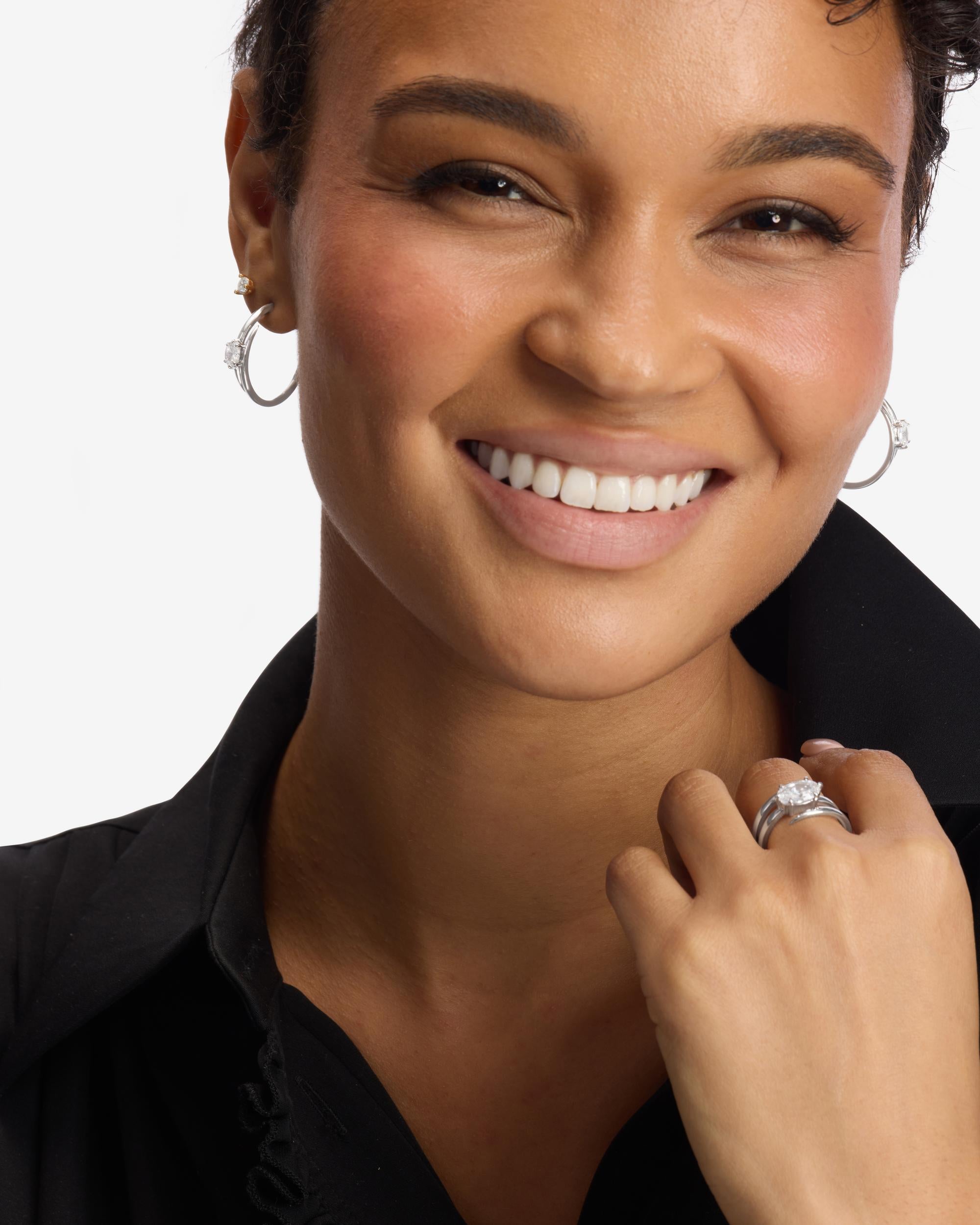 She's on Point Lasso Hoops 1" - Silver|White Diamondettes