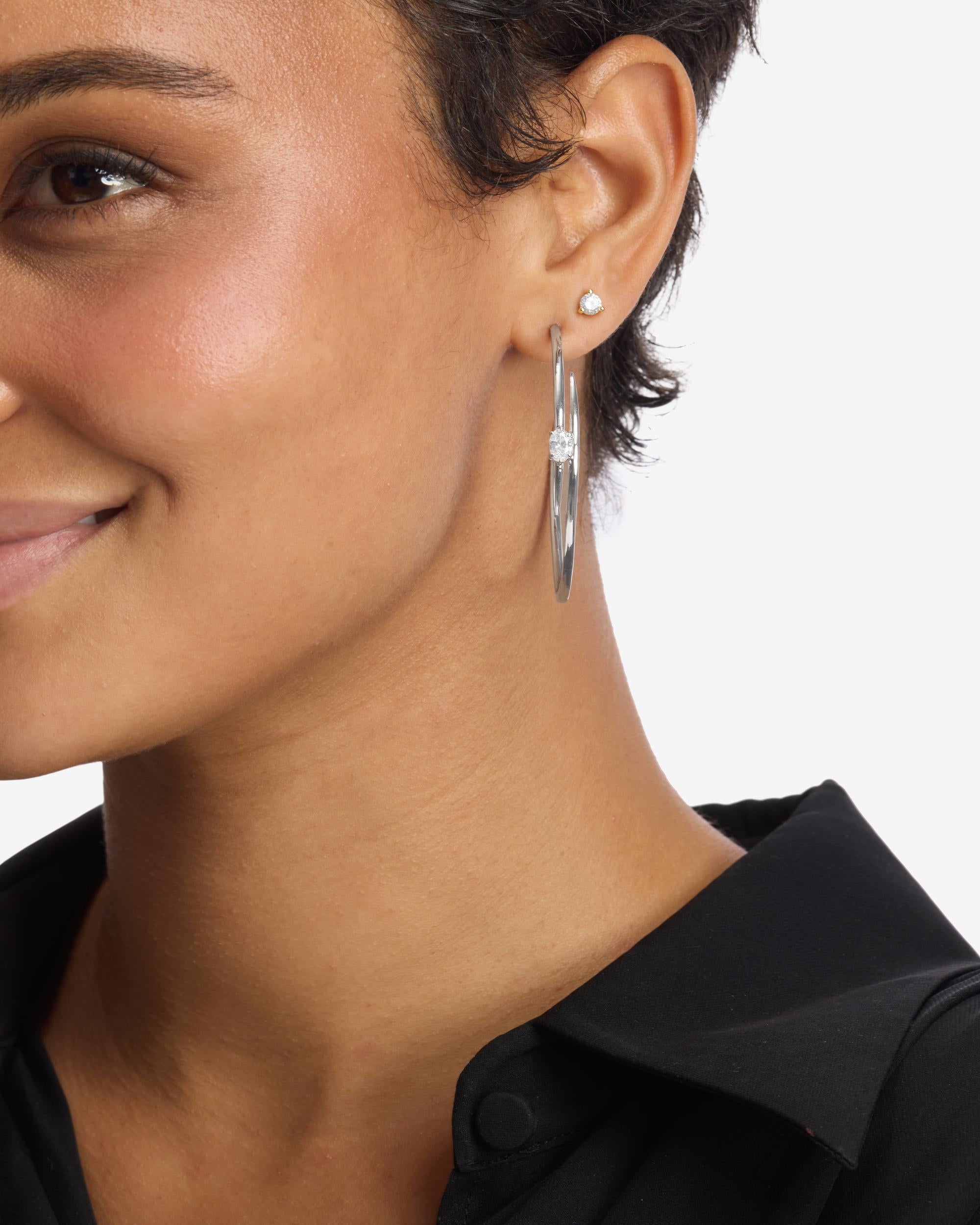 She's on Point Lasso Hoops 2" - Silver|White Diamondettes