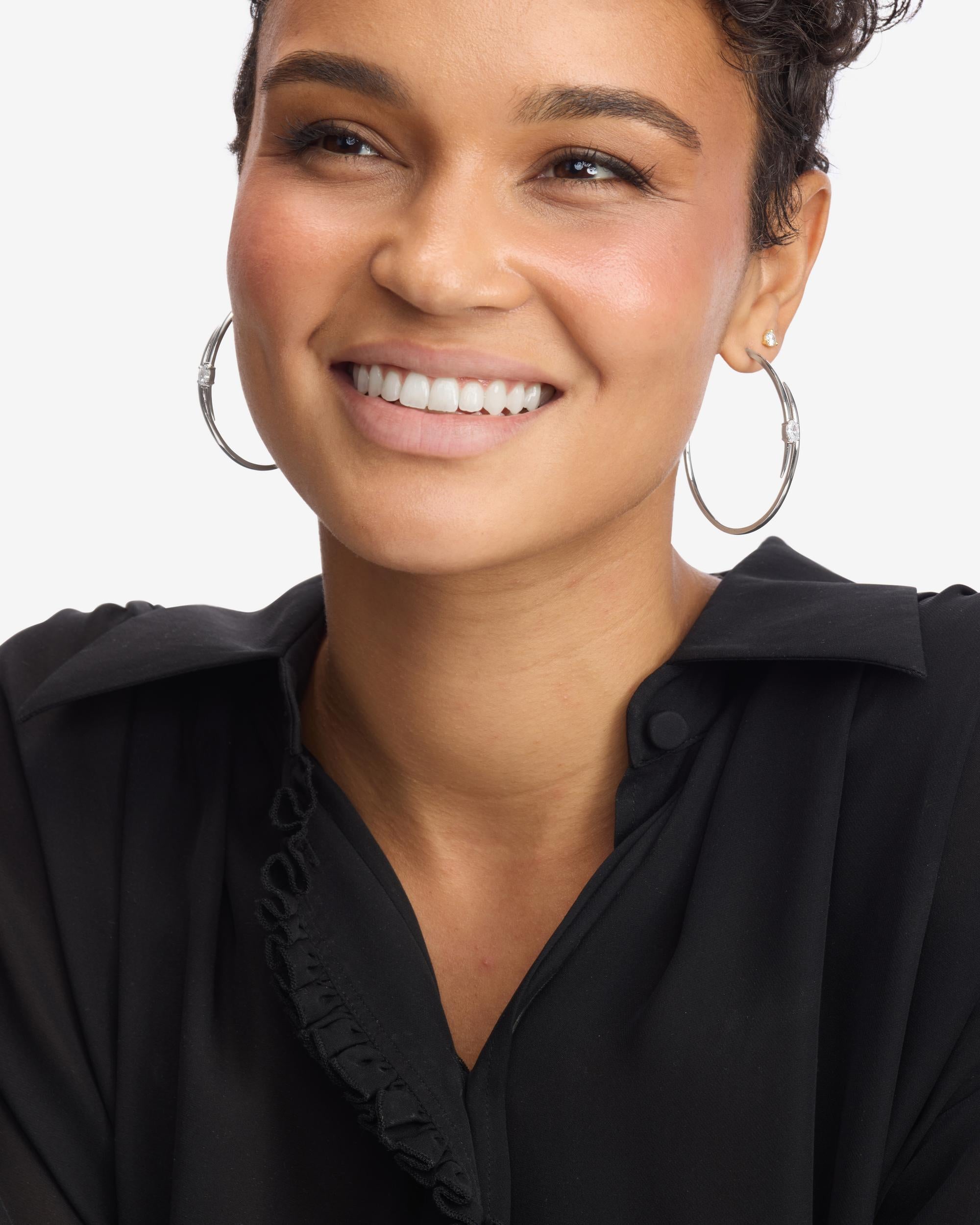 She's on Point Lasso Hoops 2" - Silver|White Diamondettes