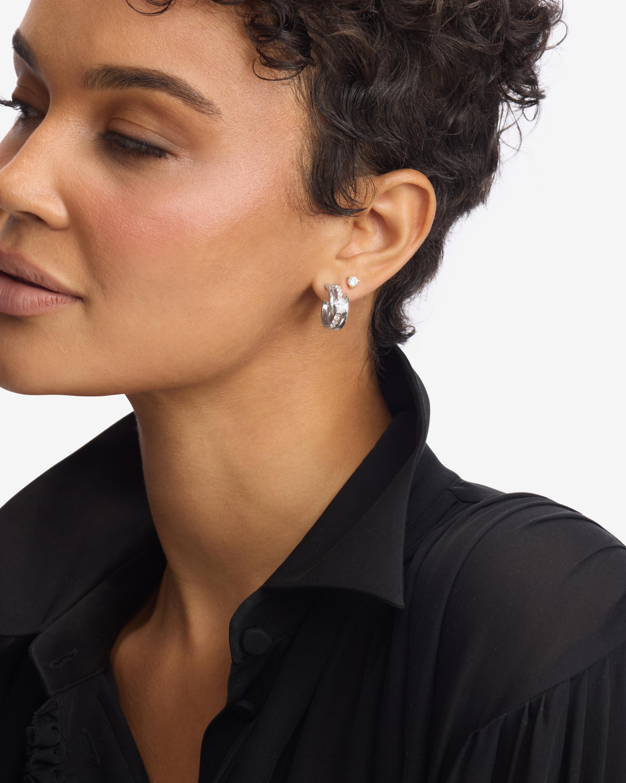 She's on Point Pavé Lasso Huggies - Silver|White Diamondettes