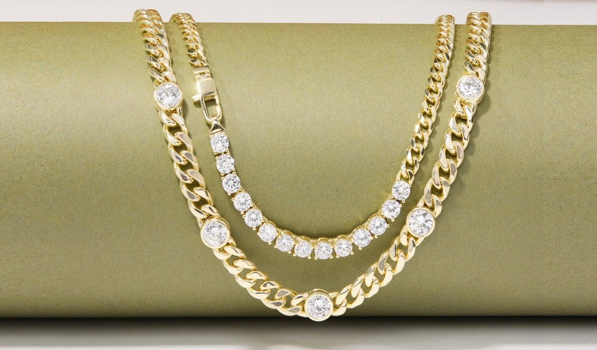 NEW Julian REALLY Loves Diamonds and Julian 5 Diamond Chain Necklaces draped over green background