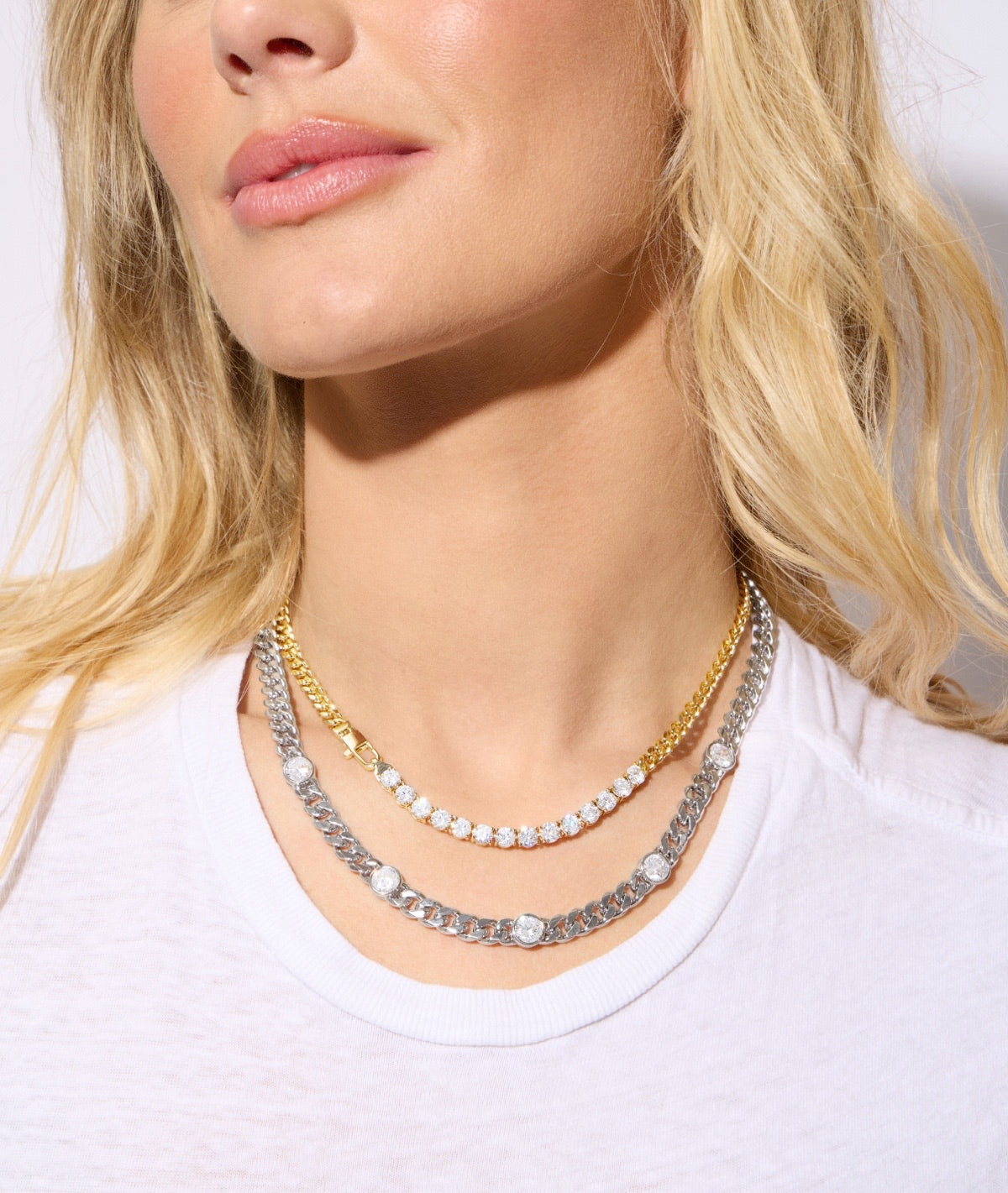 Model wearing NEW Baby Julian REALLY Loves Diamonds Necklace with NEW Julian 5 Diamond Chain Necklace