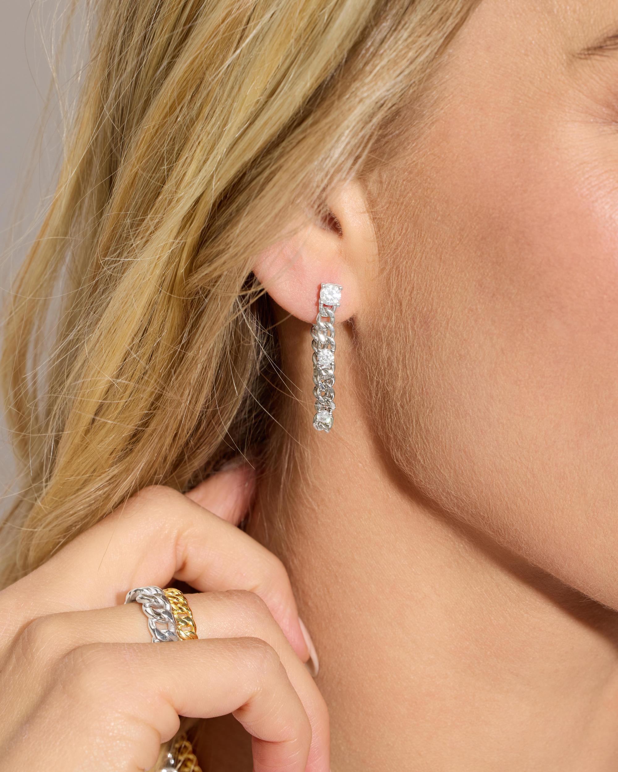 Julian Triple Diamond 5mm Soft Chain Hoops - Silver|White Diamondettes