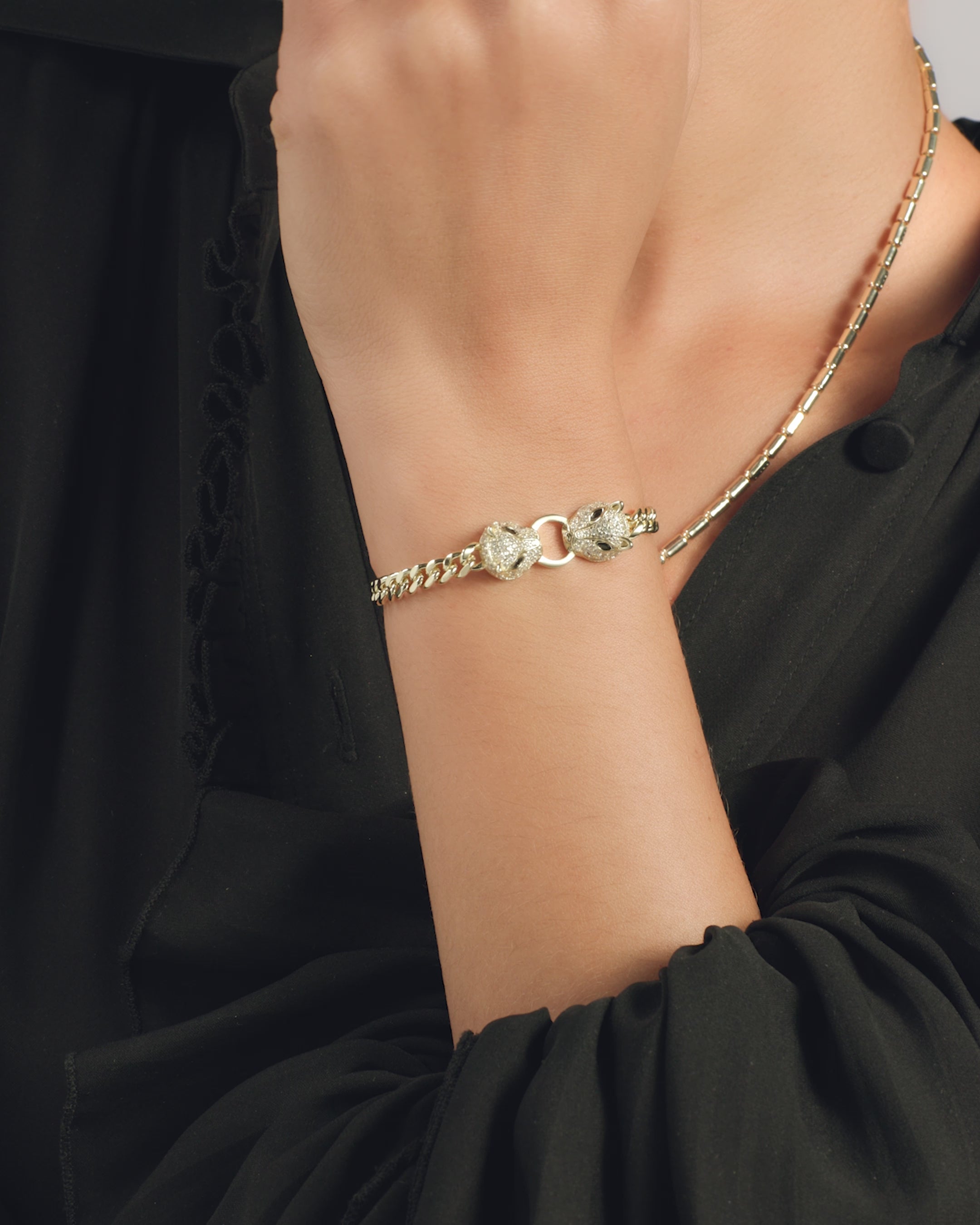 Double Jaguar Cuban Bracelet - Gold|White Diamondettes