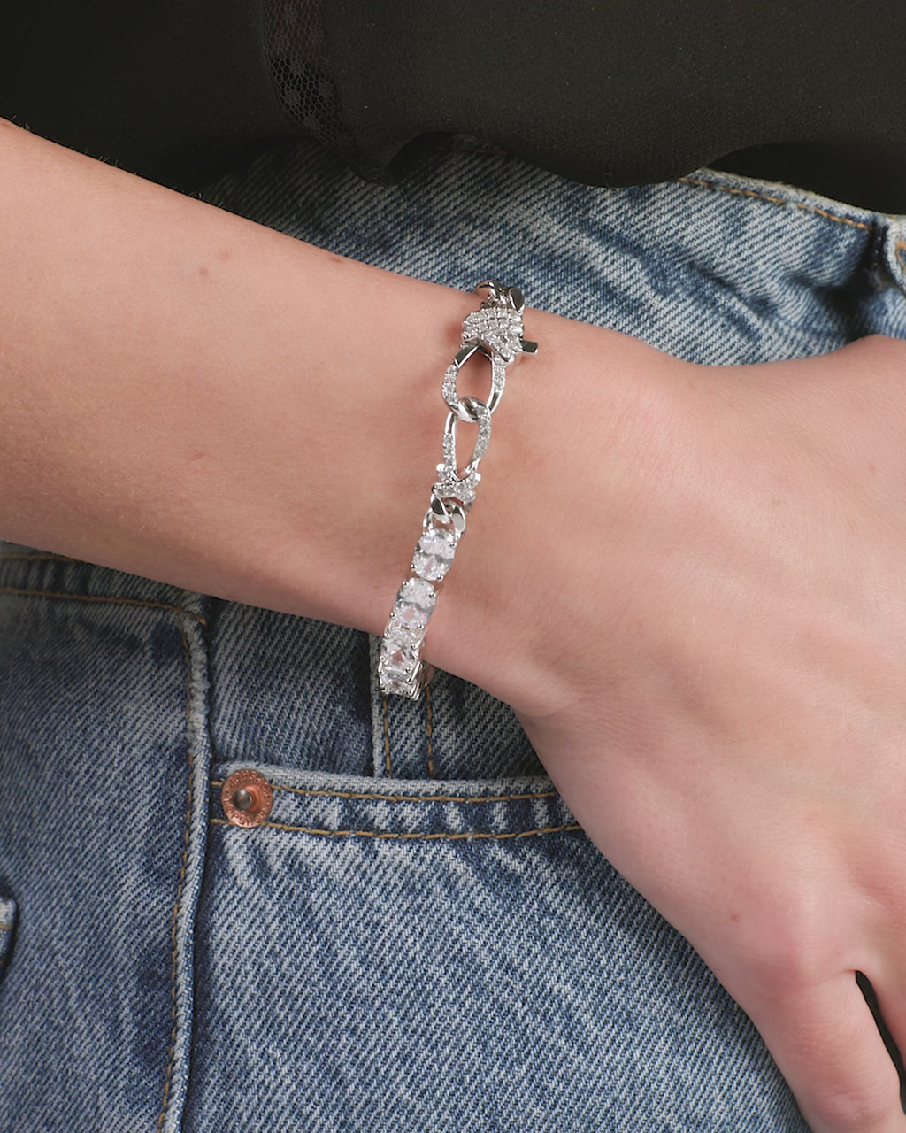 Knot Diamonds Figaro Chain Bracelet - Silver|White Diamondettes