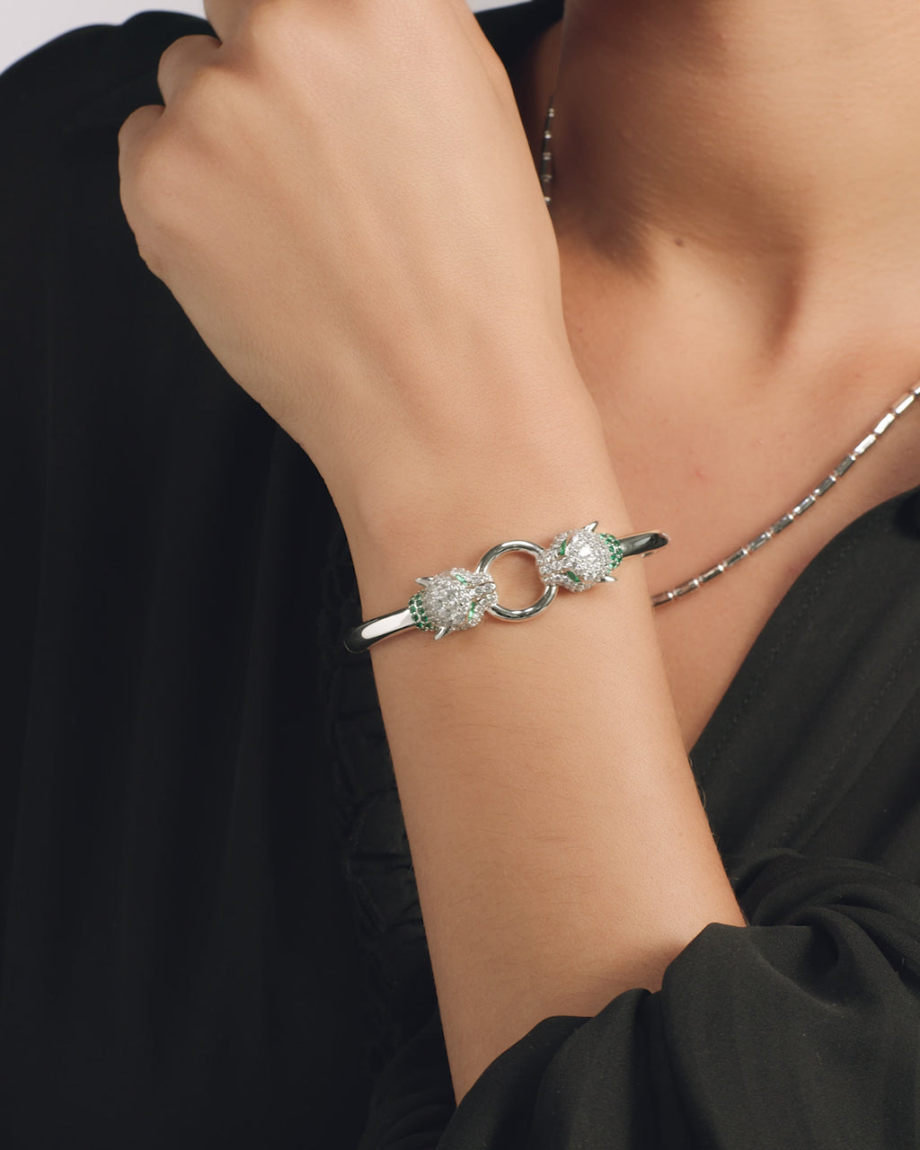 Jaguar Cuff Bracelet - Silver|White Diamondettes