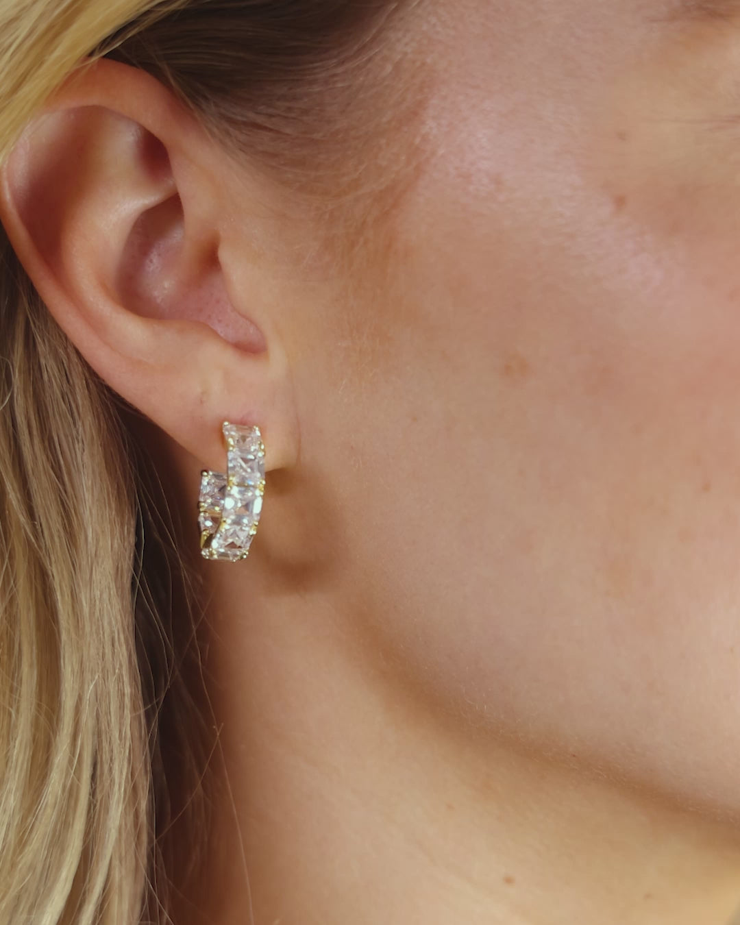 thumbnail image 2 of 18K Gold Plated Simulated Diamond Huggie Hoop Clip Earrings – 6mm-12mm, Gossip Girl 2 of 4