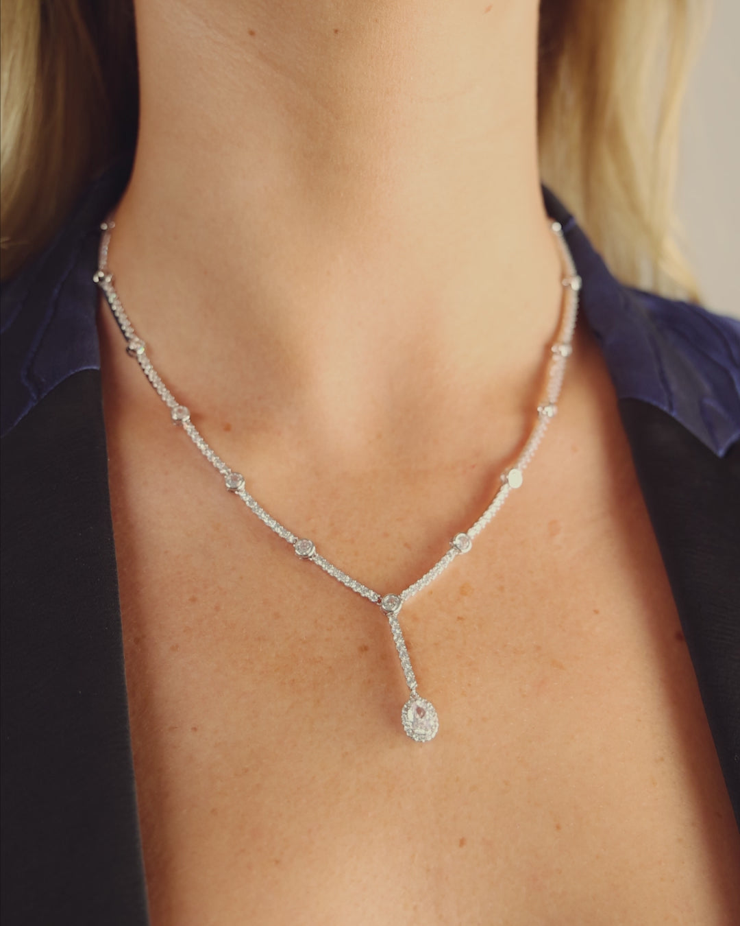 She's an Icon Lariat Necklace 18" - Silver|White Diamondettes