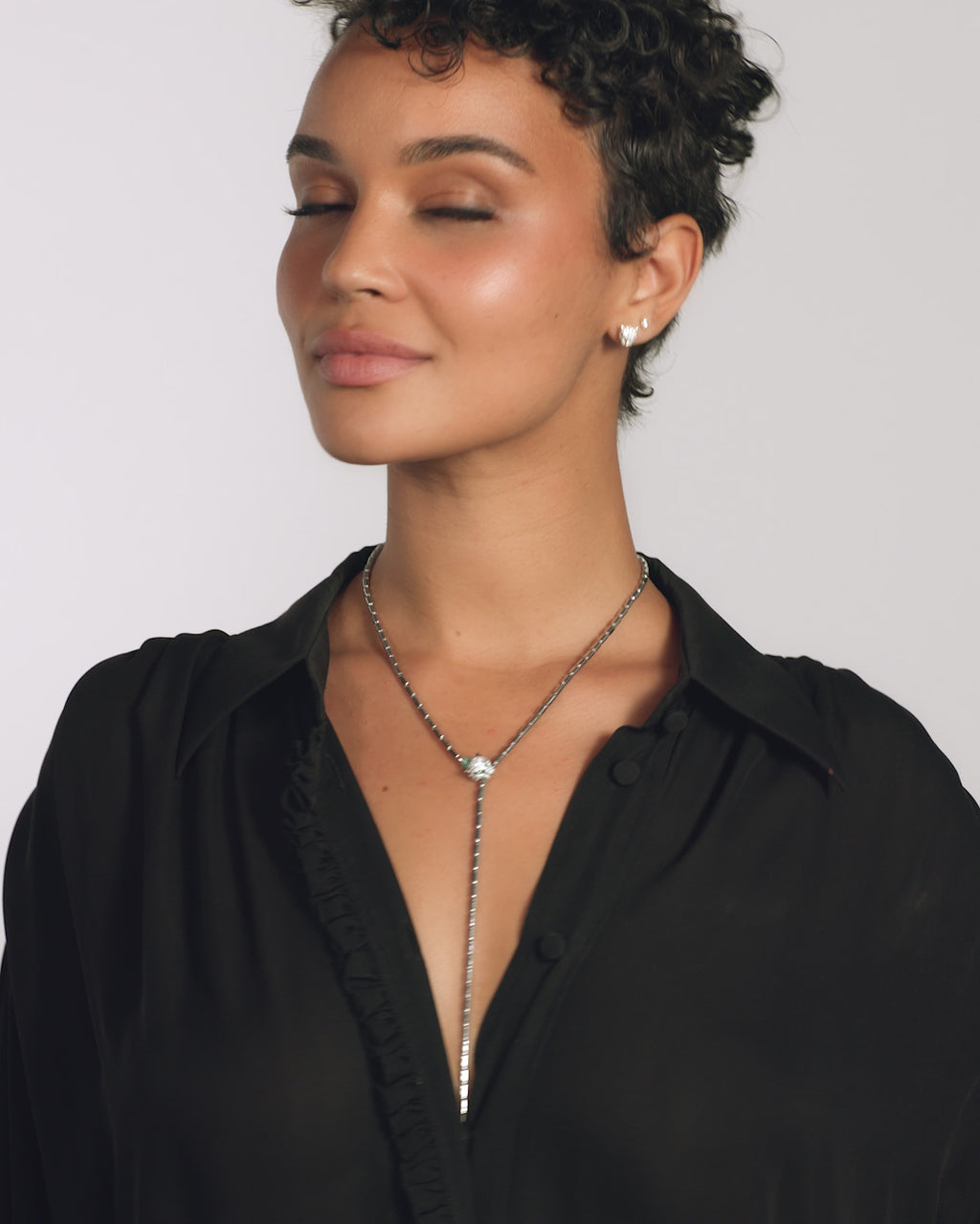 Jaguar Bolo Lariat Necklace - Silver|White Diamondettes