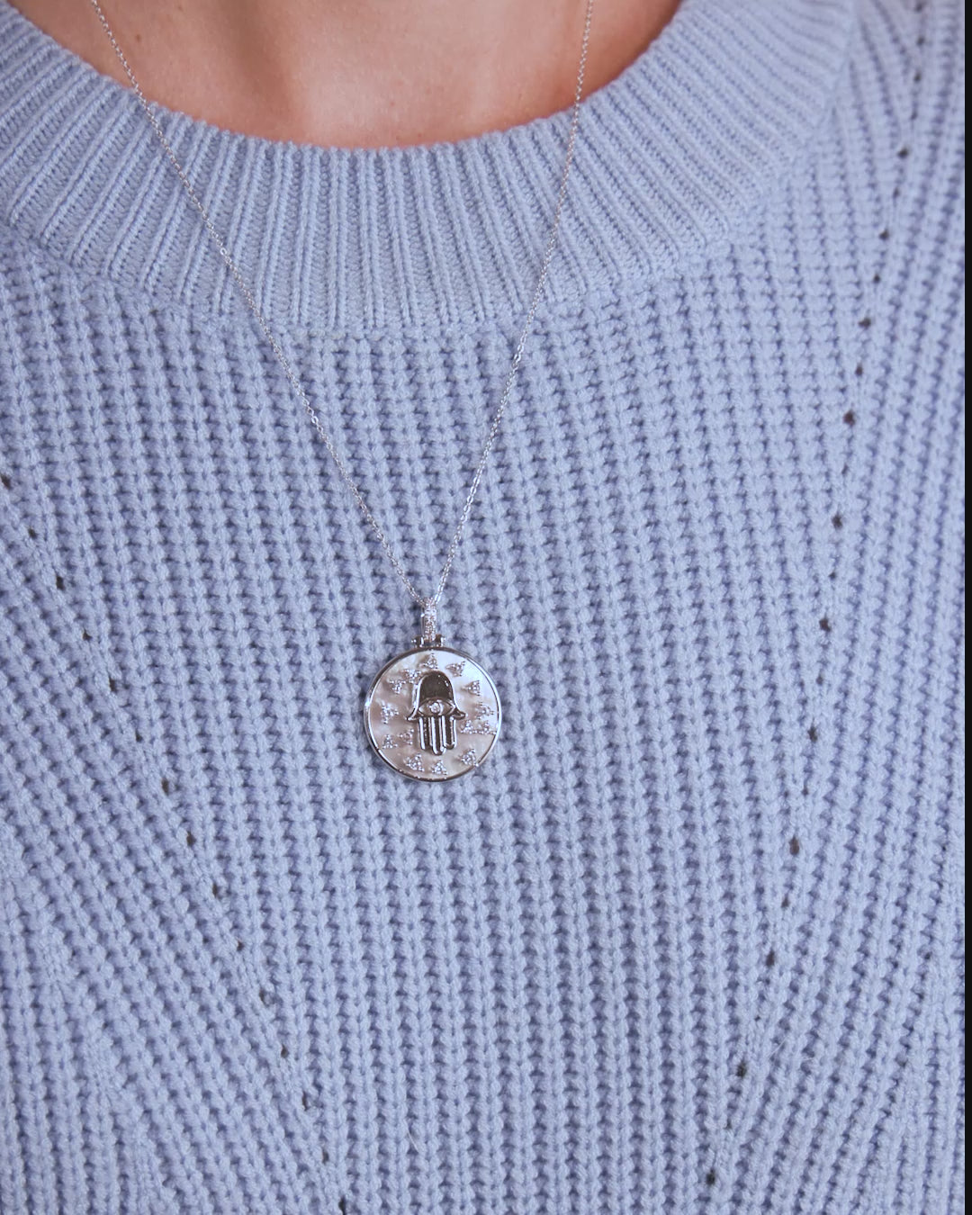 Hamsa Medallion Necklace - Silver|White Diamondettes