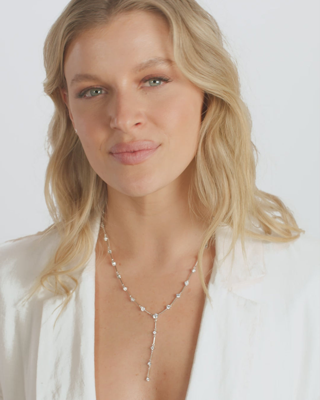 Lavish Lariat Necklace - Silver|White Diamondettes