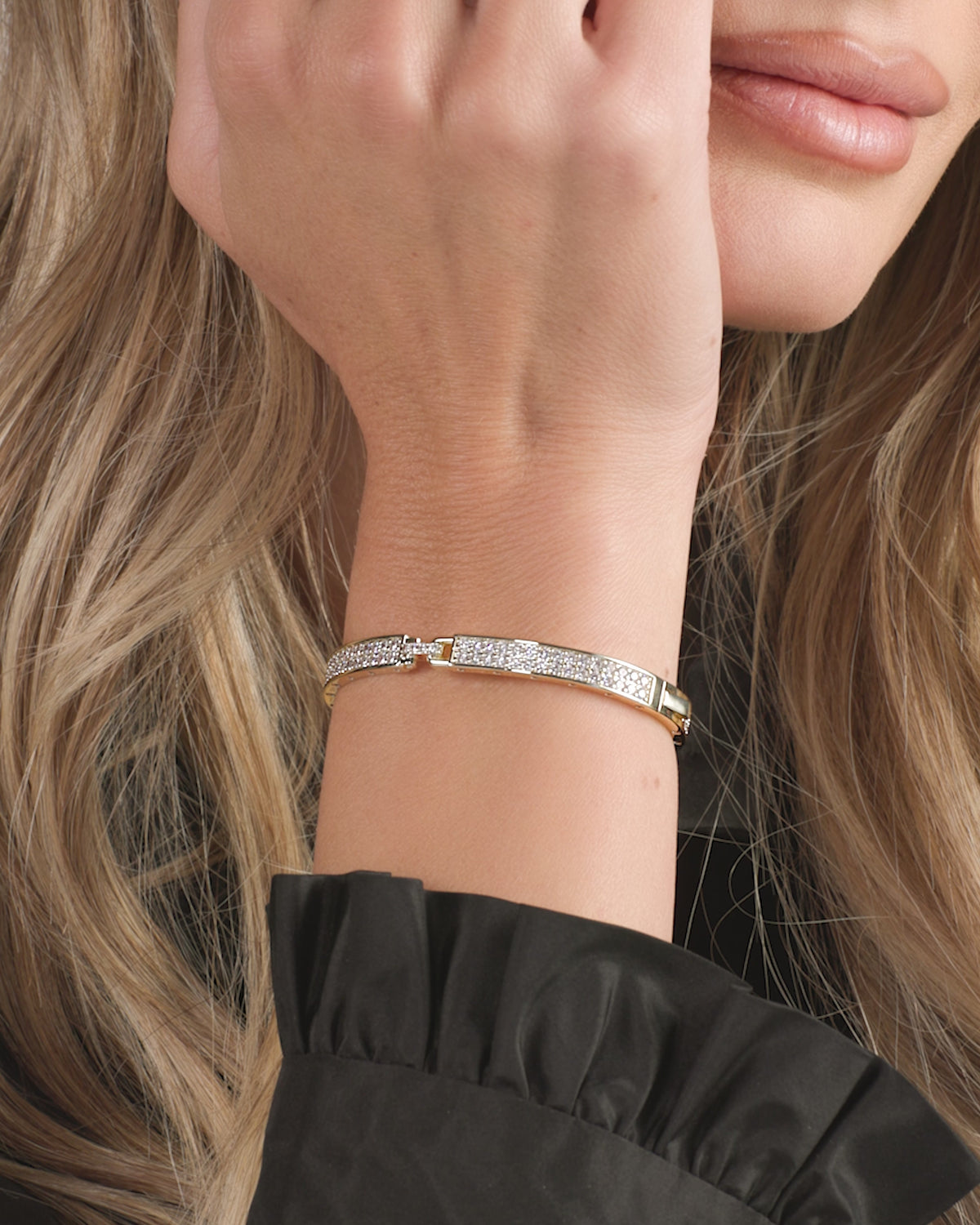 Ashley Malibu Lock Cuff 6mm - Gold|White Diamondettes