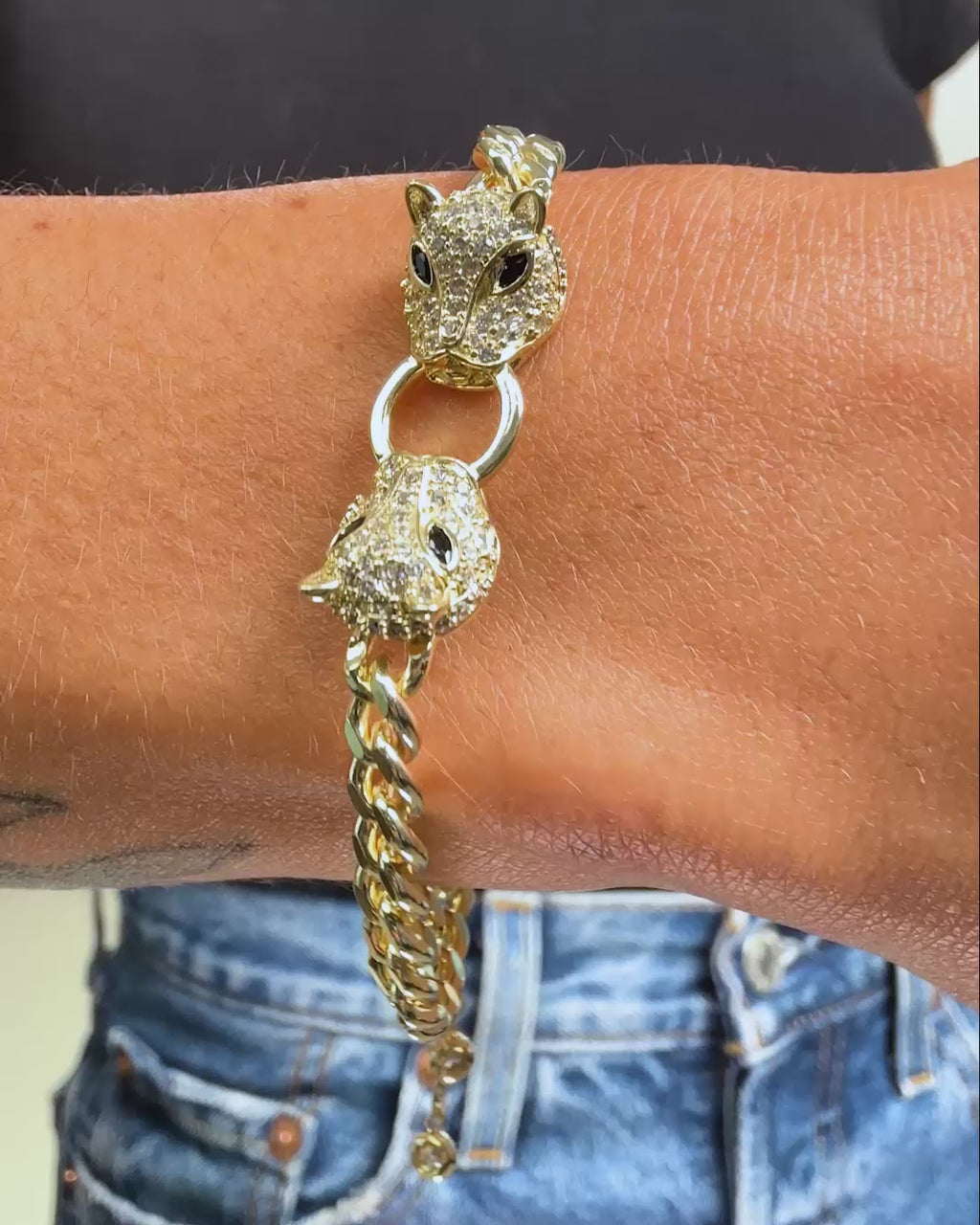 Double Jaguar Cuban Bracelet - Gold|White Diamondettes