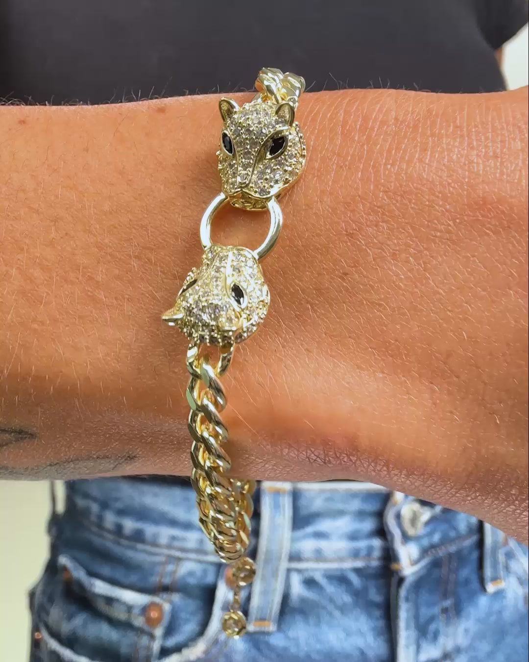 Double Jaguar Cuban Bracelet - Gold|White Diamondettes