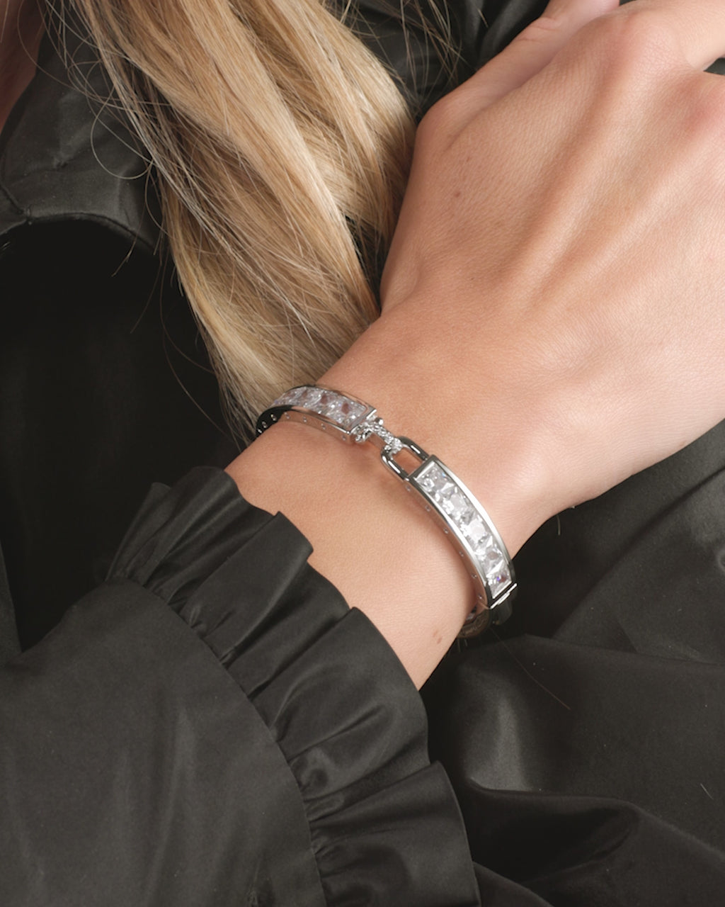 Ashley Melrose Lock Cuff 9mm - Silver|White Diamondettes